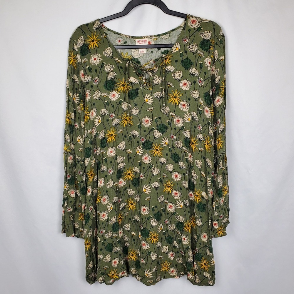 Mossimo Womens Mini Dress Green Floral Boho‎ Long Bell Sleeve Size Large